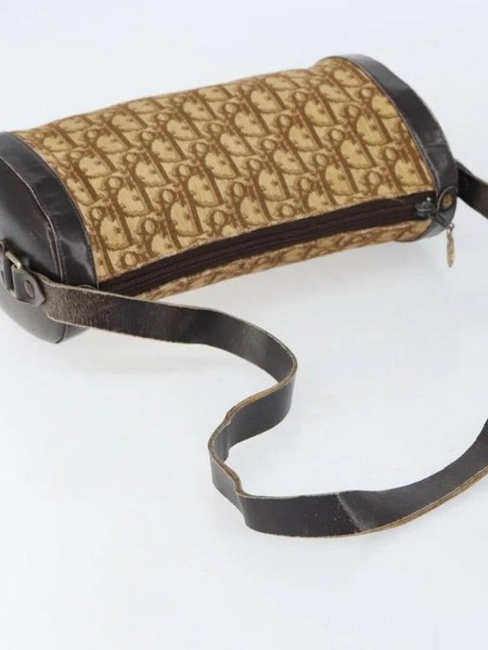 AUTHENTIC DIOR TROTTER BAG IN GOLD LOGO CANVAS WITH BROWN LEATHER TRIM AND XBODY